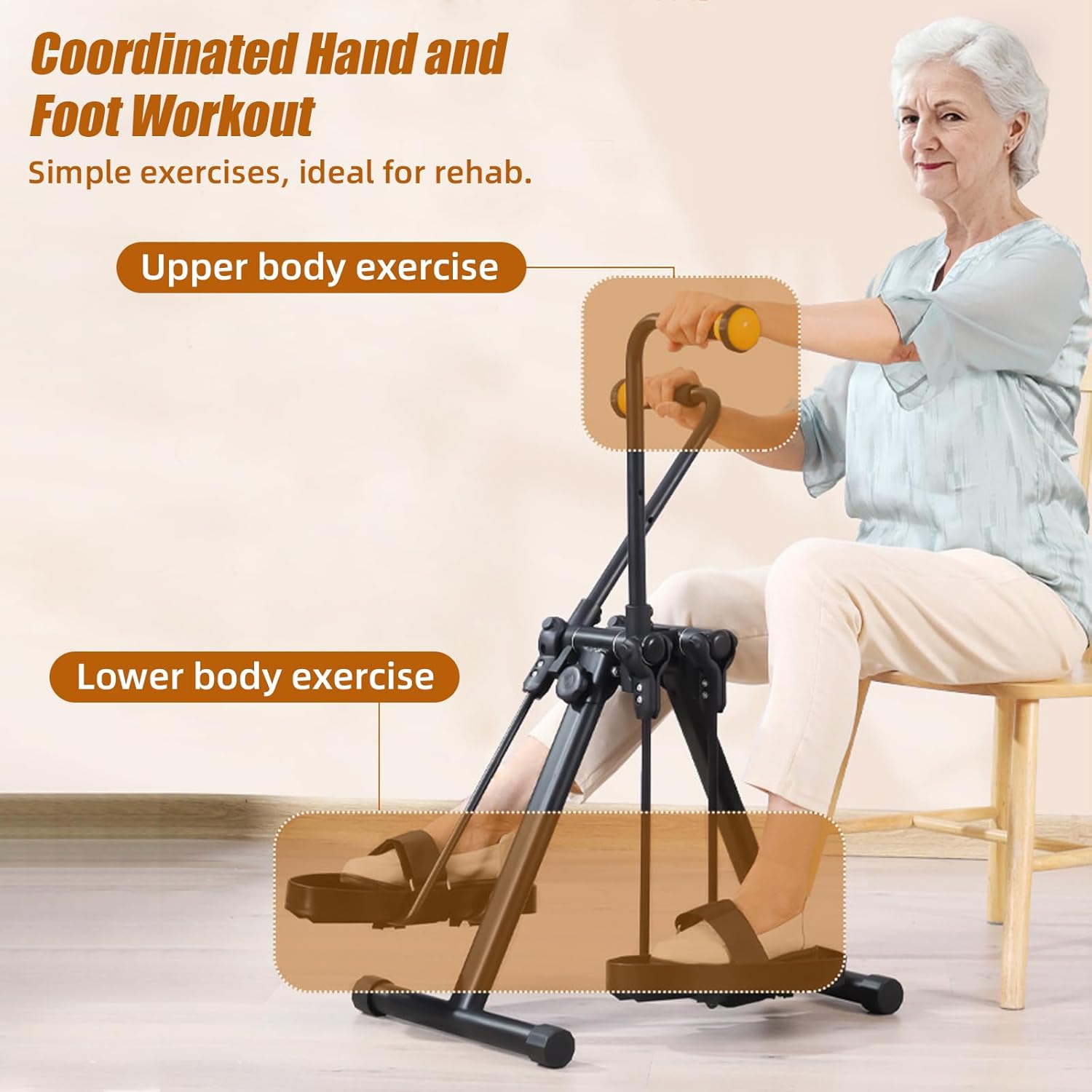 Seated senior using the folding arm and leg exerciser for coordinated upper- and lower-body movement, with close-up insets highlighting the hand grips and foot pedals.