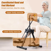 Seated senior using the folding arm and leg exerciser for coordinated upper- and lower-body movement, with close-up insets highlighting the hand grips and foot pedals.