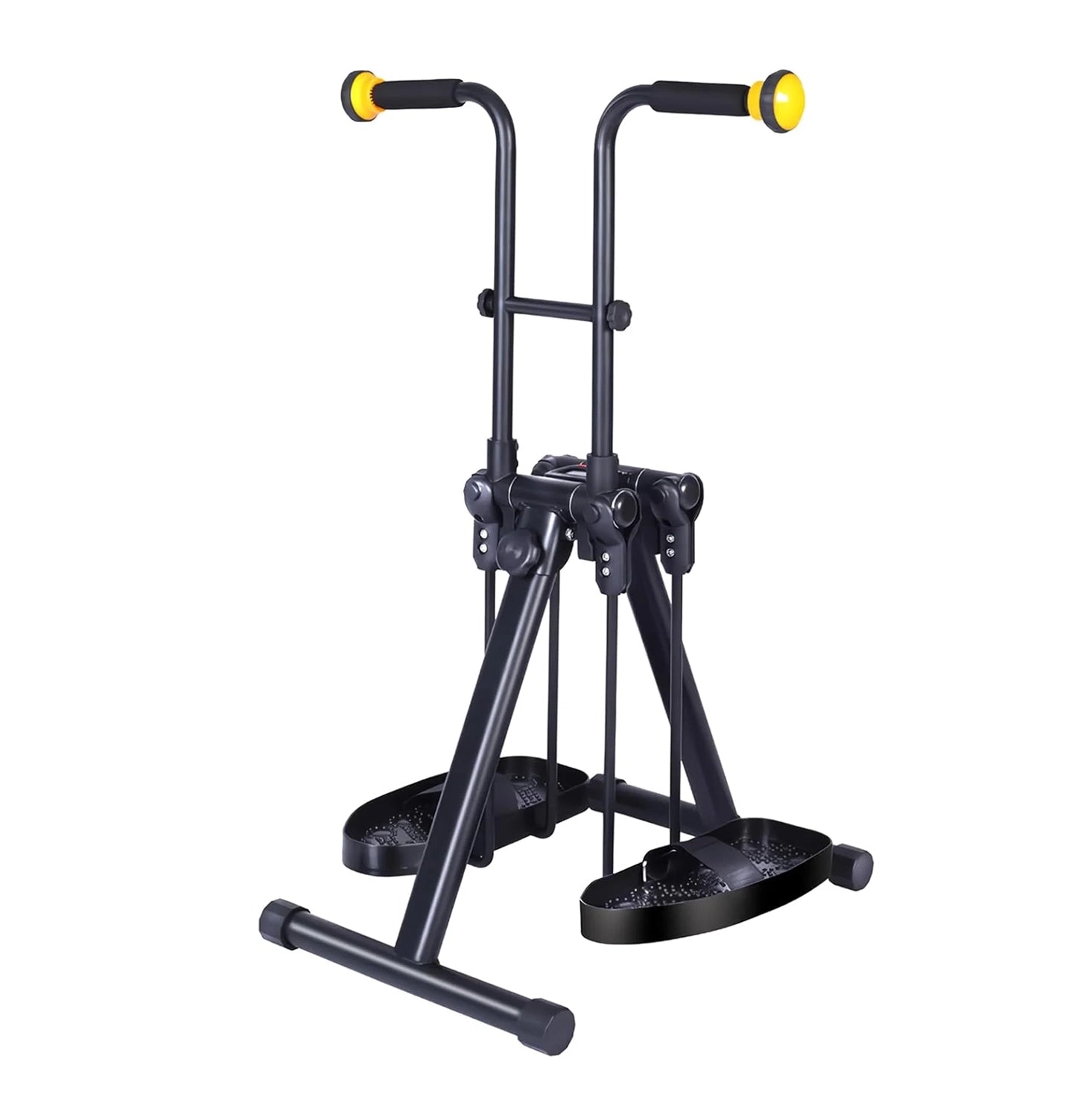 Black folding arm and leg exerciser with foam hand grips, yellow handle ends, foot pedals, and a wide floor base on a white background.