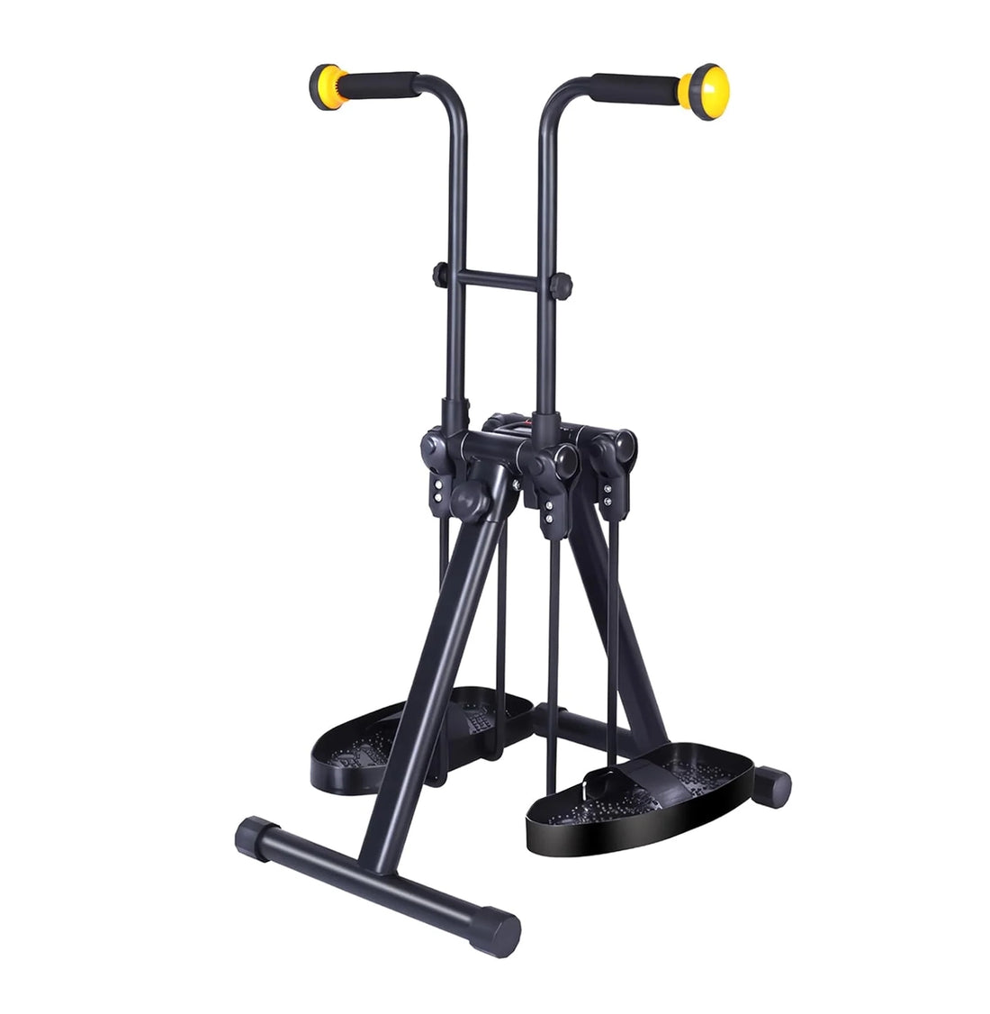 Black folding arm and leg exerciser with foam hand grips, yellow handle ends, foot pedals, and a wide floor base on a white background.