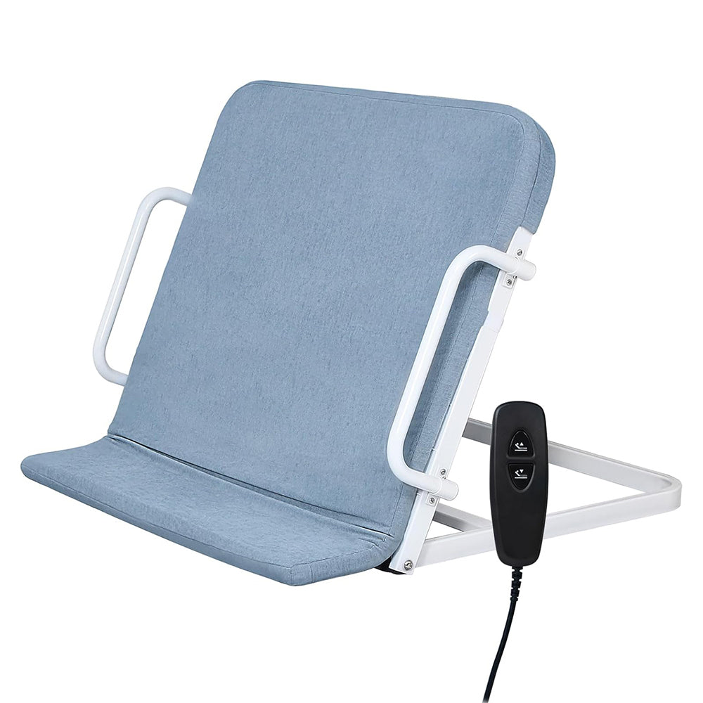 Blue electric lifting bed backrest with a padded backrest, white metal frame, side support rails, and two-button wired controller.