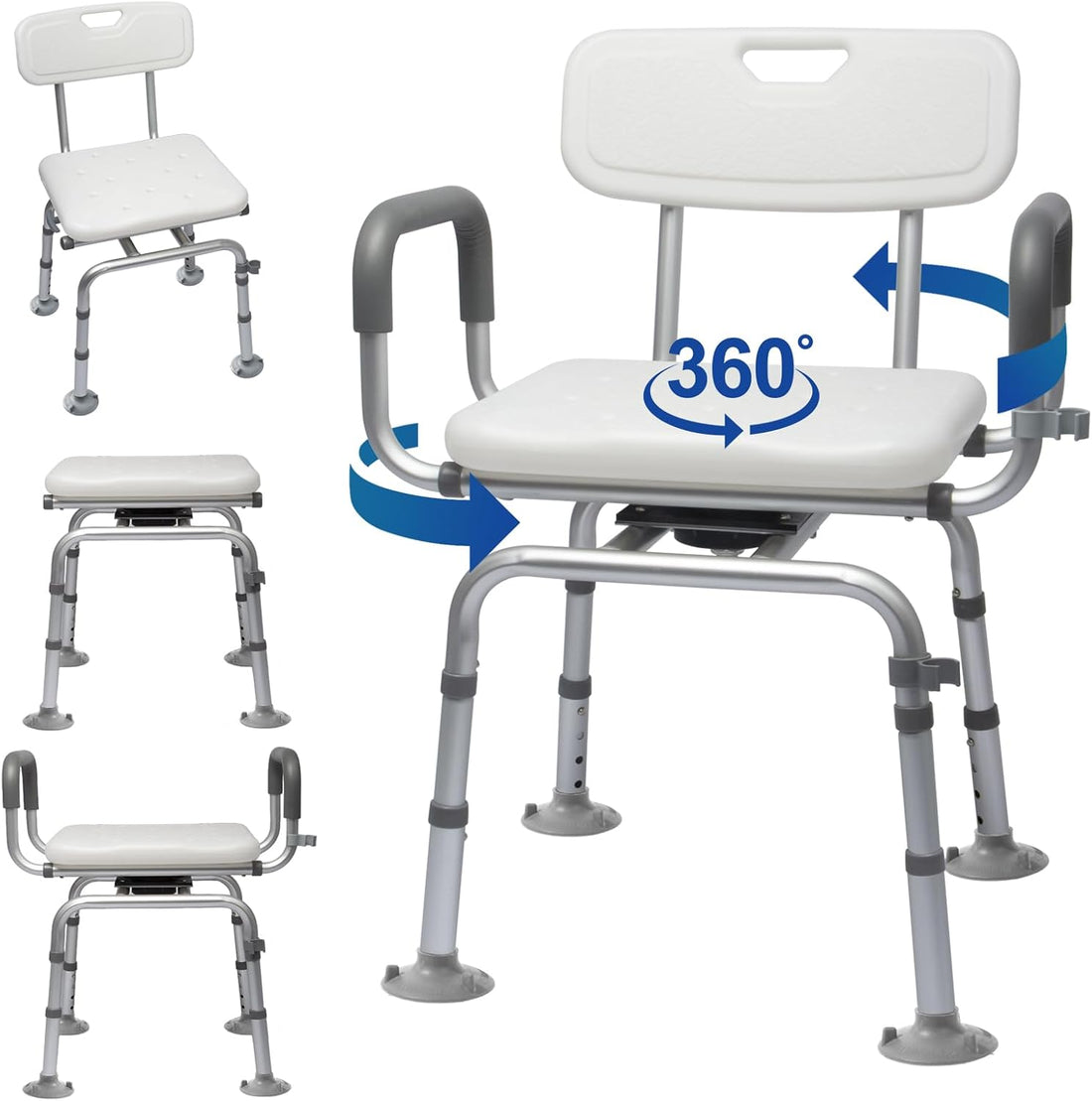 Swivel shower chair configuration guide showing the chair with backrest and armrests, backrest only, and armrests only, with arrows illustrating 360-degree seat rotation.