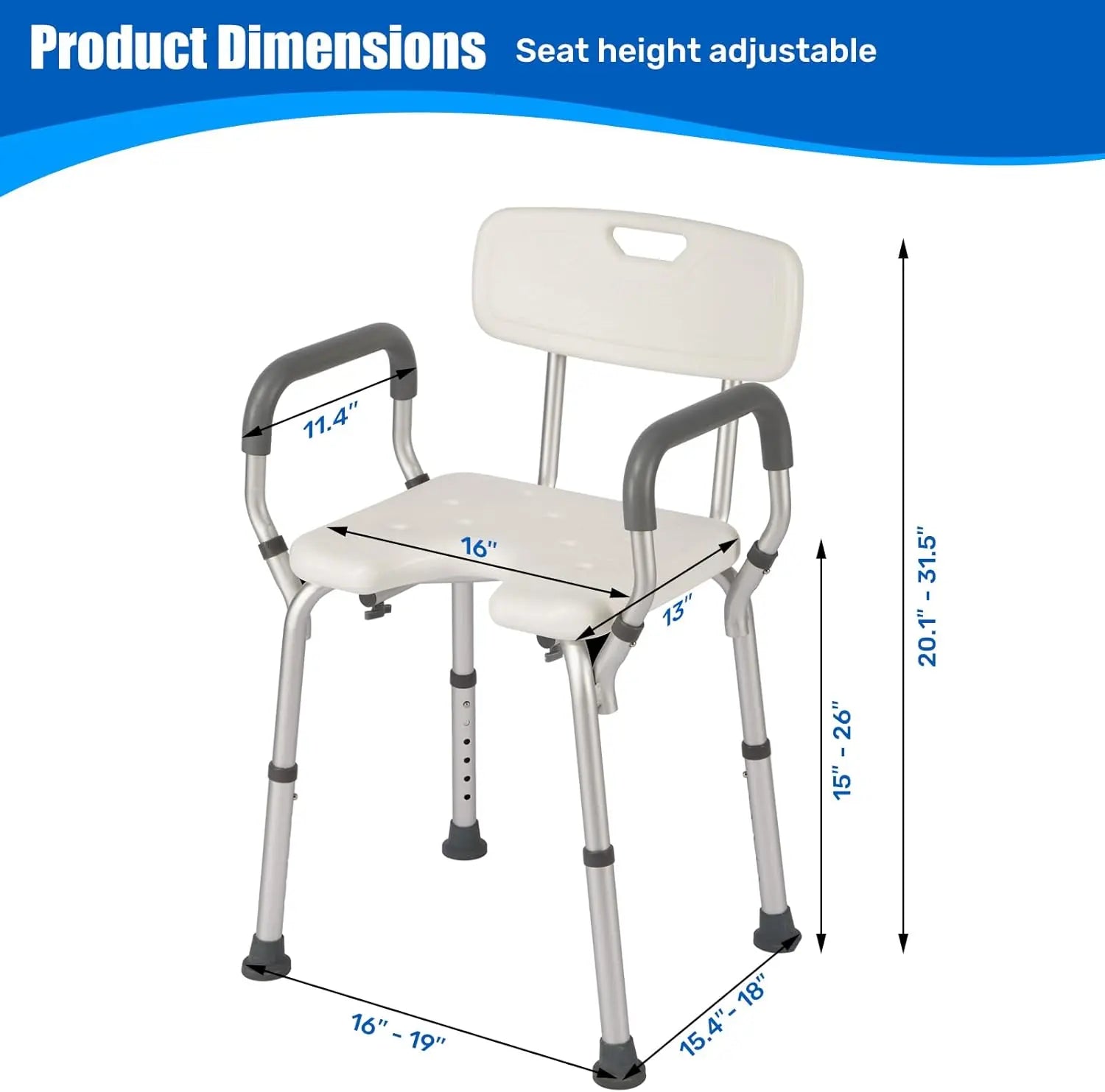 Adjustable shower chair with arms and back showing seat, armrest, leg, and overall product dimensions