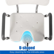 U-shaped shower chair seat with arms and back designed for easier personal hygiene and cleaning