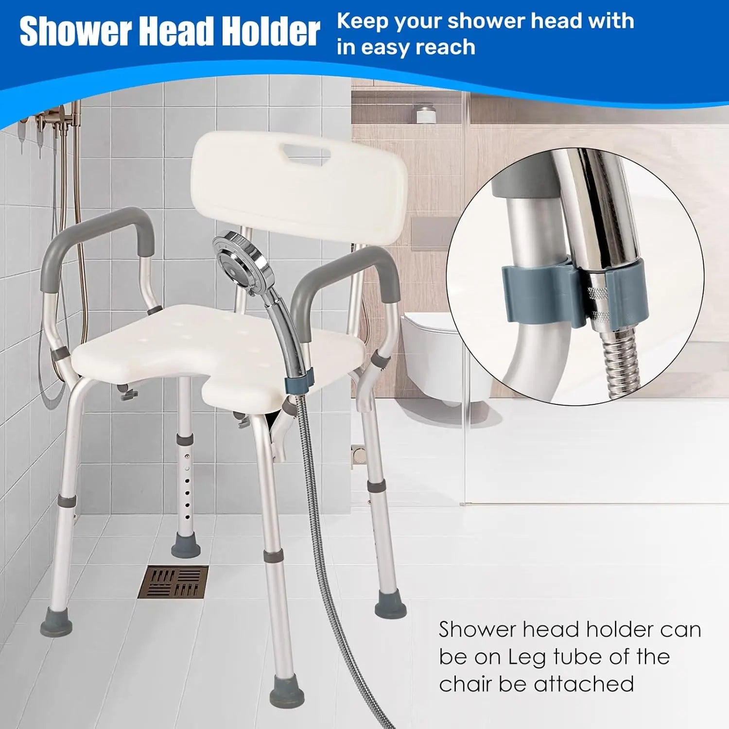 Shower chair with built-in shower head holder for convenient handheld shower storage and easy reach