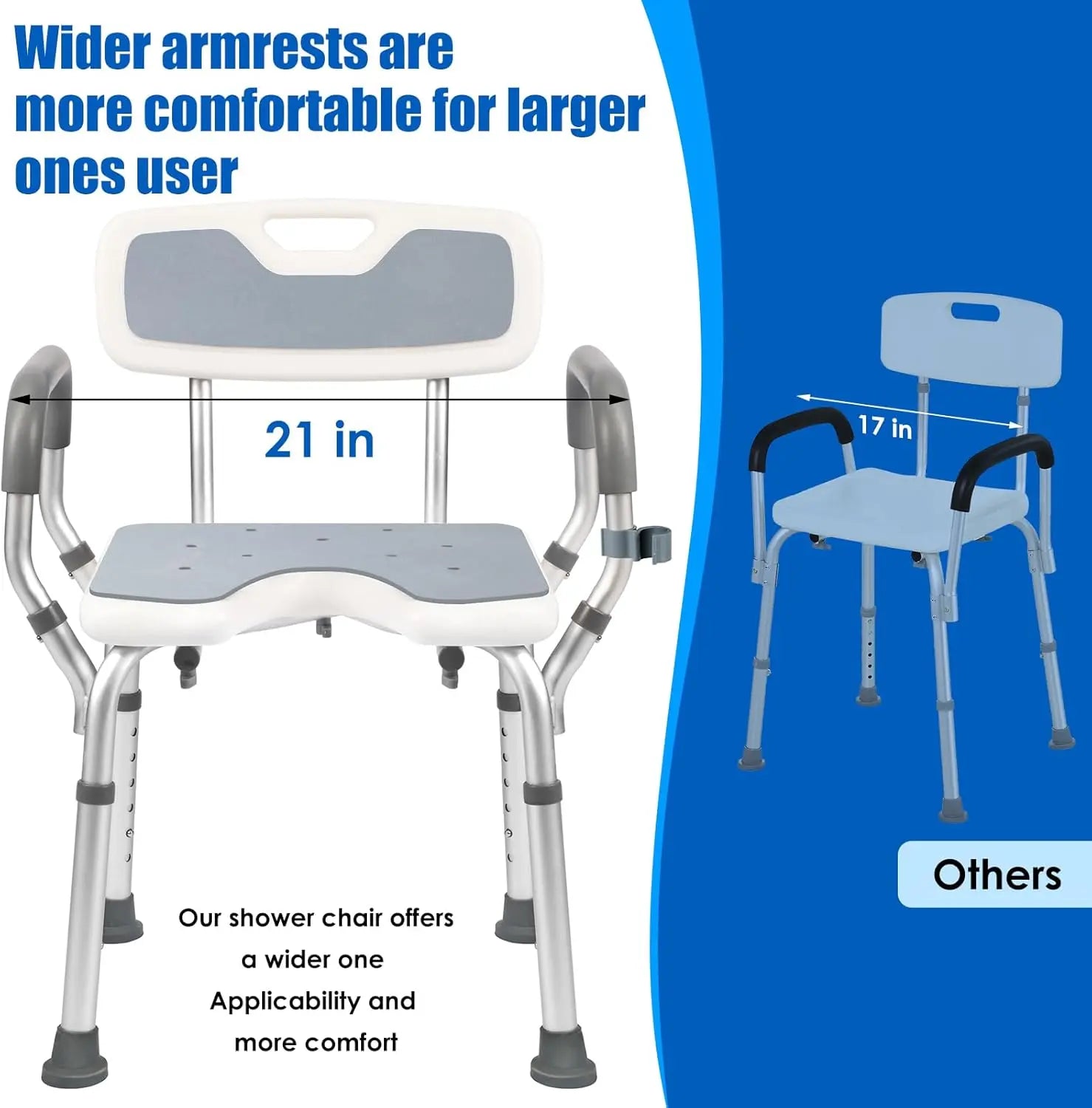 Extra-wide shower chair with padded armrests and gray EVA seat and back pads for added comfort