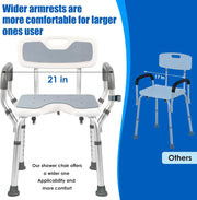 Extra-wide shower chair with padded armrests and gray EVA seat and back pads for added comfort