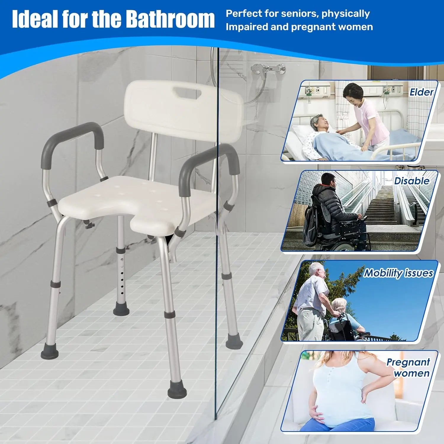 Adjustable shower chair with arms and back for seniors and people who need additional seated bathing support
