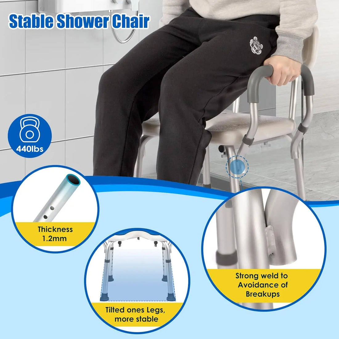 Sturdy shower chair with padded armrests, reinforced aluminum frame, angled legs, and non-slip feet