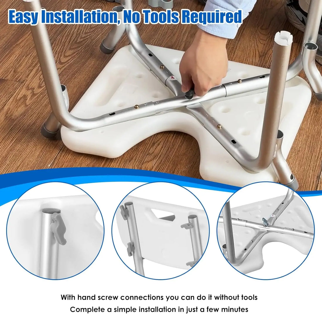 Tool-free shower chair assembly with hand-screw connections, removable backrest, and aluminum frame