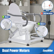 Dual-motor electric toilet lift seat installed over a toilet, with close-ups of both lifting actuators and an inset comparing the dual-motor design with a single-motor model.