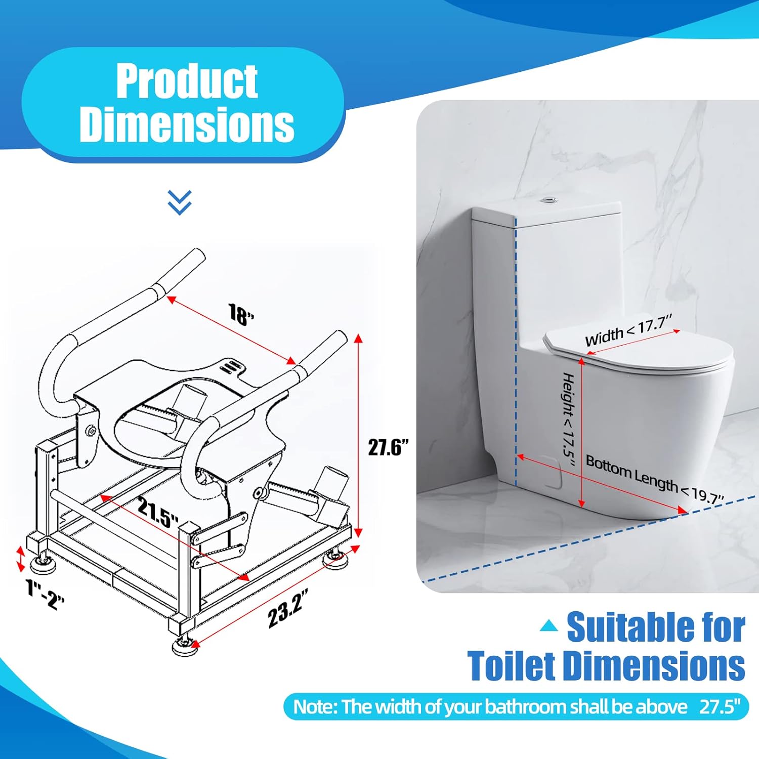 Dimension diagram of the dual-motor toilet lift seat showing a 21.5 x 23.2 x 27.6 inch frame, 18-inch armrest spacing, and toilet clearance measurements.