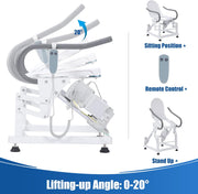 Electric toilet lift seat adjustment diagram showing the seat rising from a level position to a 20-degree incline, with sitting, standing, and two-button remote control illustrations.