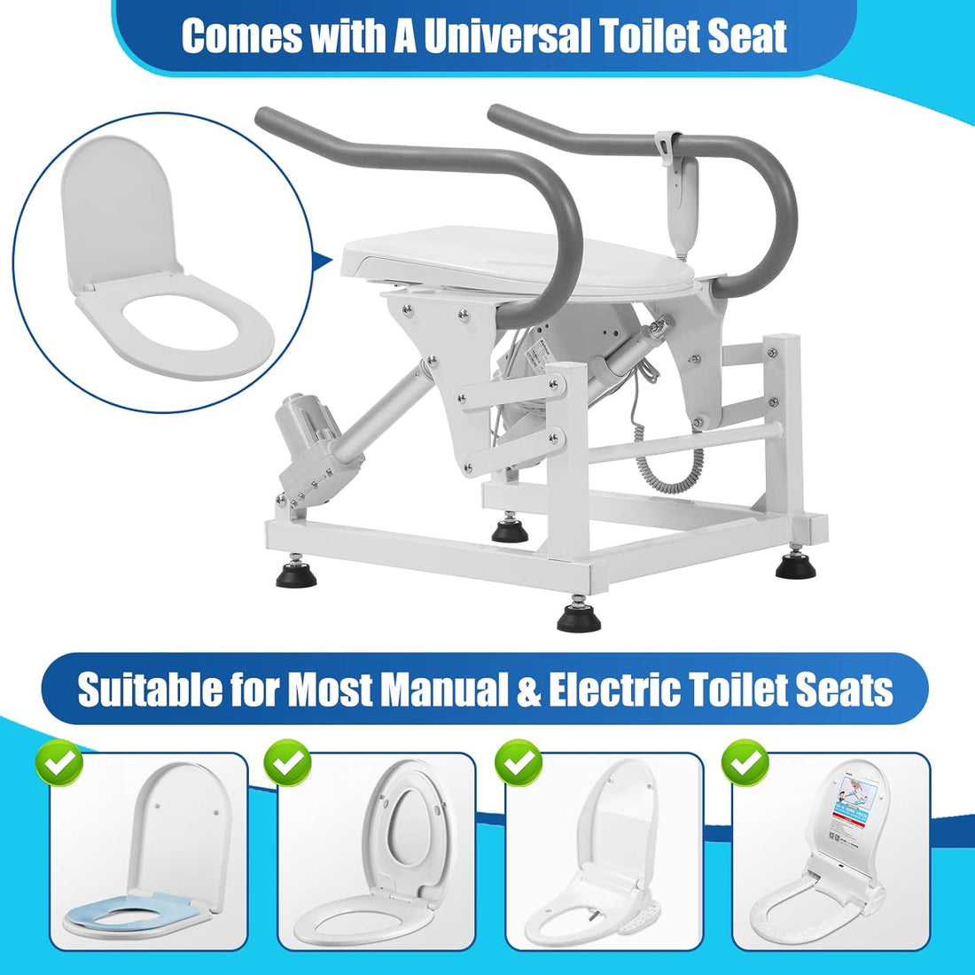 Dual-motor toilet lift seat shown with its included toilet seat, alongside examples of standard and electronic bidet seats for compatibility comparison.