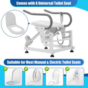 Dual-motor toilet lift seat shown with its included toilet seat, alongside examples of standard and electronic bidet seats for compatibility comparison.