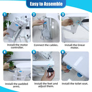 Six-step assembly guide for the electric toilet lift seat, showing installation of the motor controller, cable connections, lifting actuator, padded armrests, adjustable feet, and toilet seat.