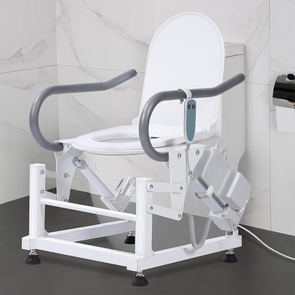Electric toilet lift seat shown over a toilet with the lid open, highlighting the wired controller, dual lifting actuators, padded armrests, and adjustable black feet.