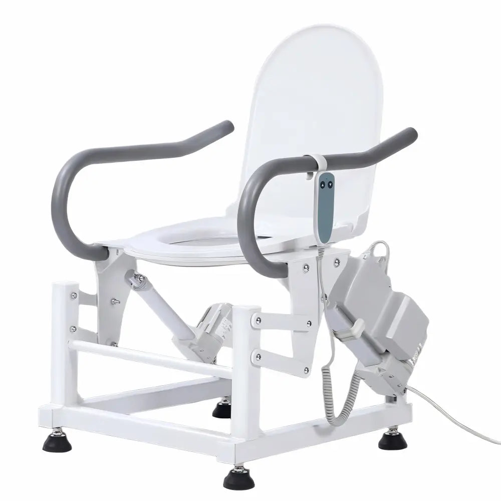 Dual-motor electric toilet lift seat with a white steel frame, padded armrests, open toilet lid, two lifting actuators, and wired handheld controller.