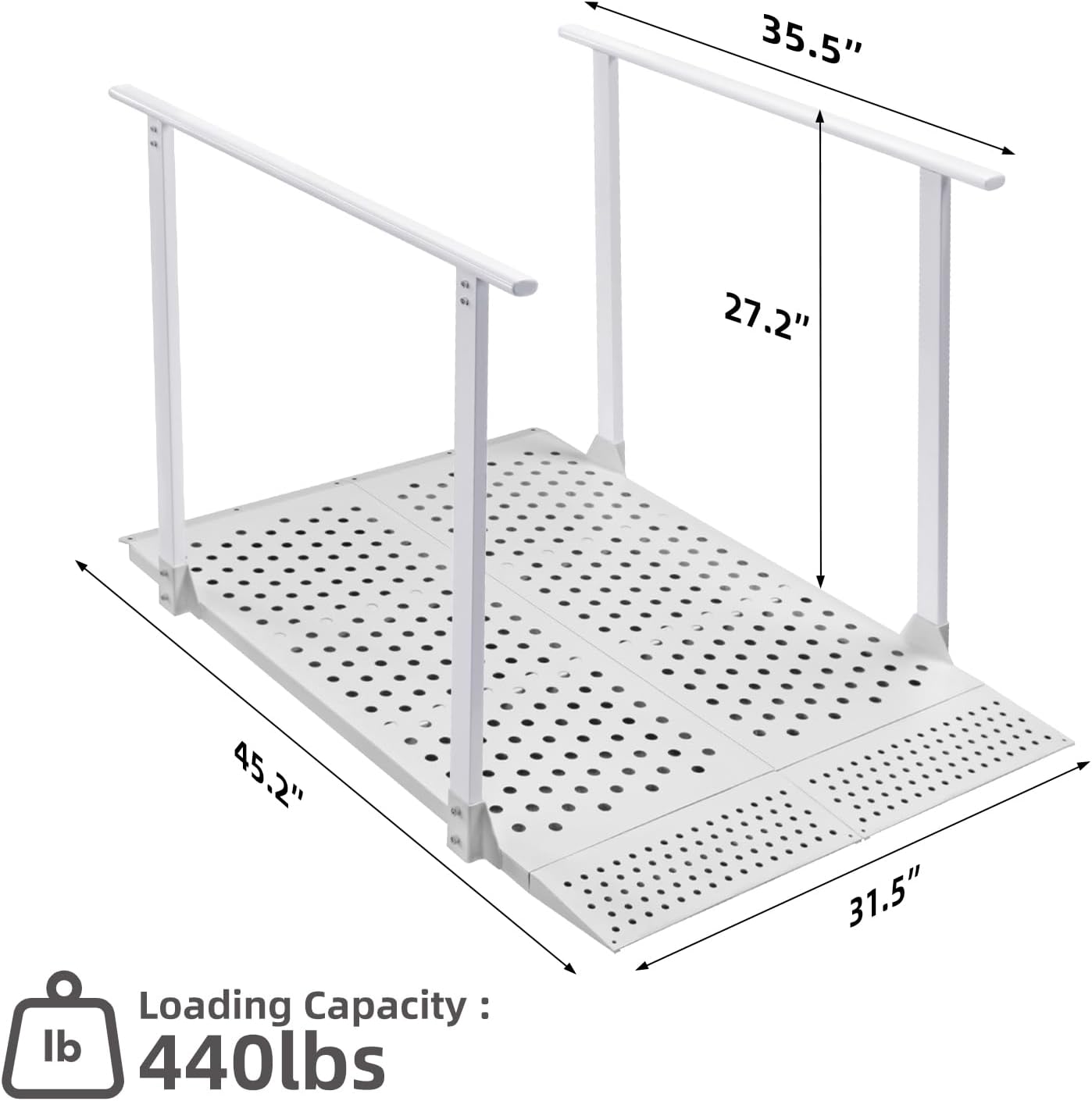 Dimension diagram of the 45.2-inch wheelchair ramp with handrails, showing a 31.5-inch width, 27.2-inch height, and stated 440 lb loading capacity.