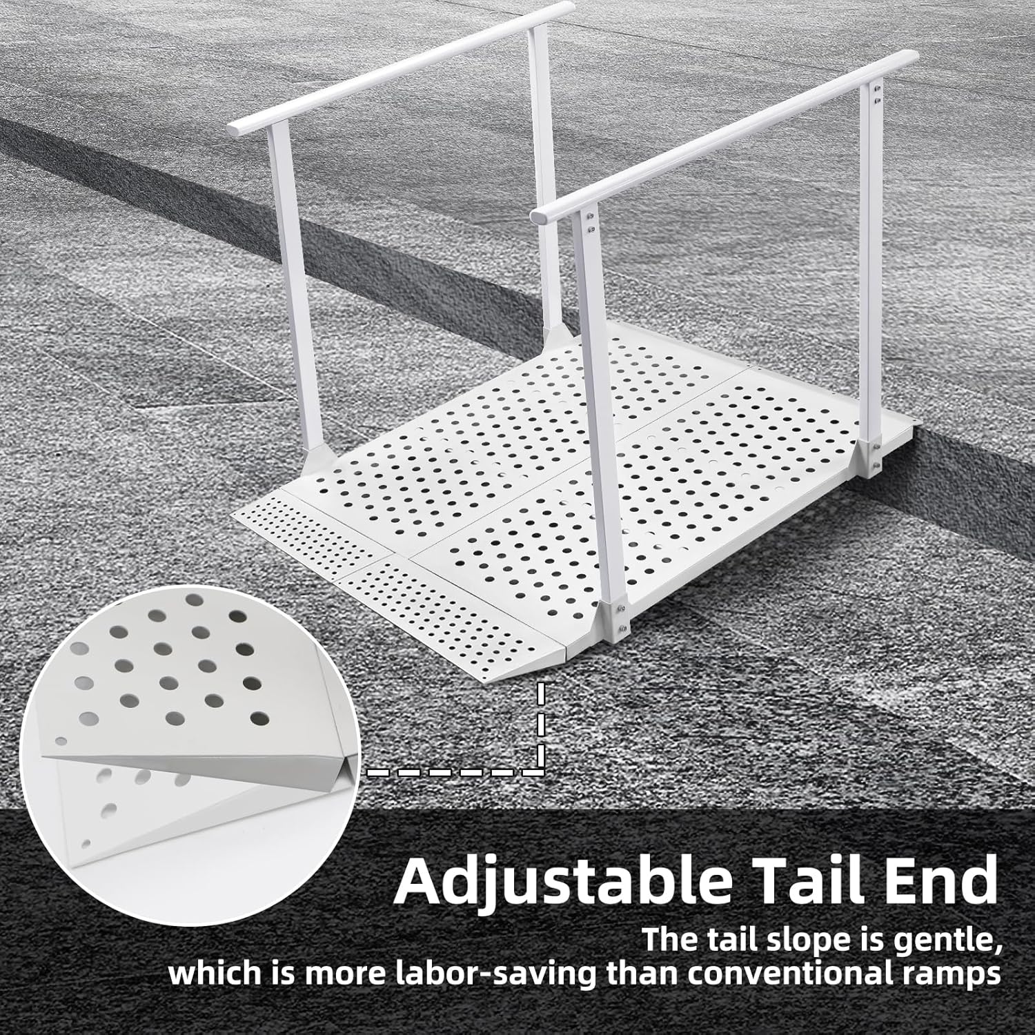 White wheelchair ramp with handrails positioned over a step, with a close-up of the adjustable tail flap and its perforated surface.