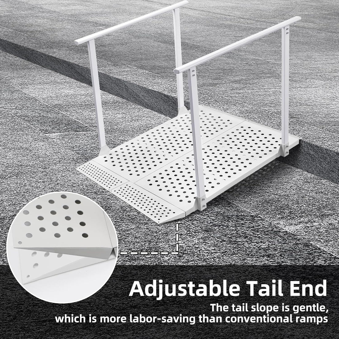White wheelchair ramp with handrails positioned over a step, with a close-up of the adjustable tail flap and its perforated surface.