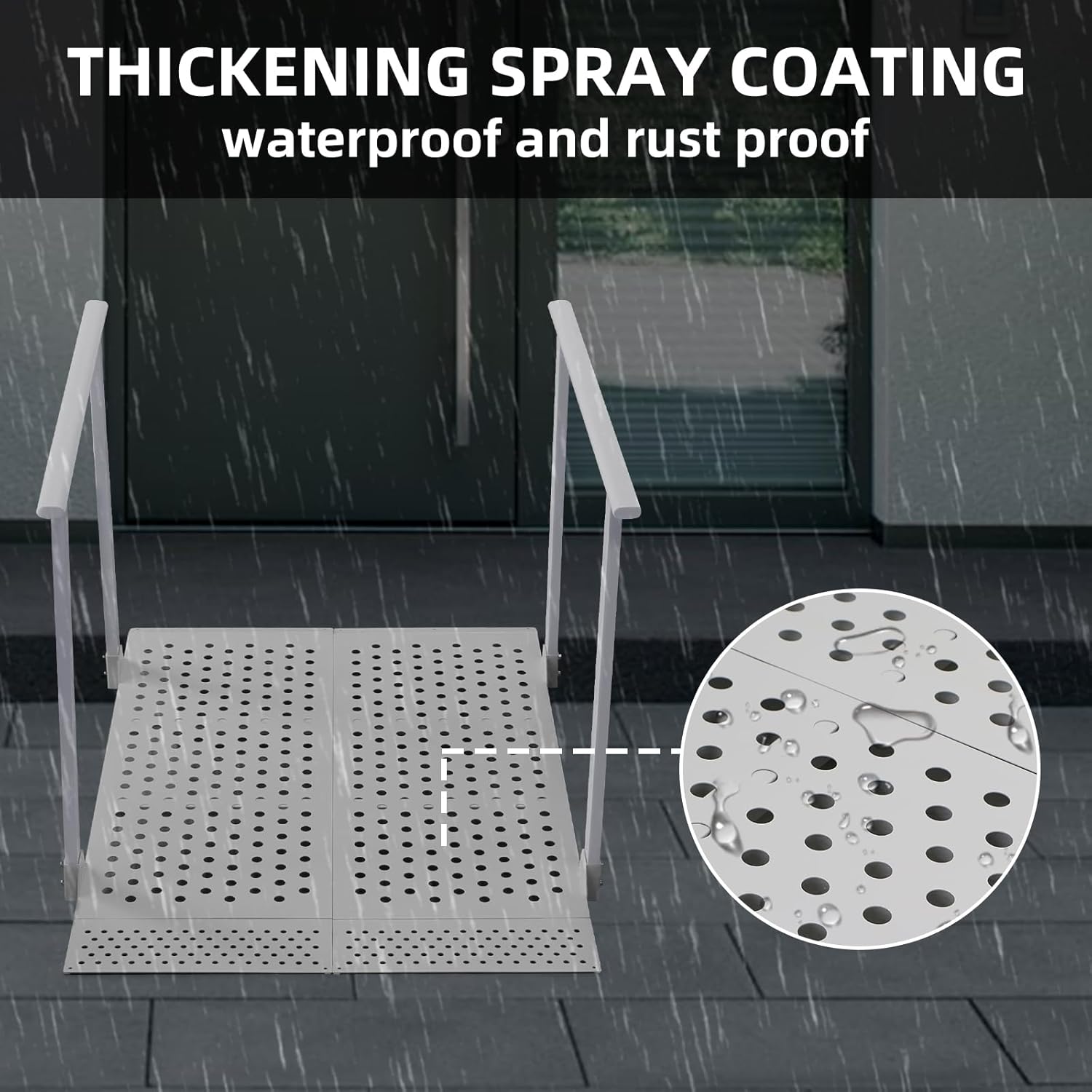 White wheelchair ramp with handrails shown in the rain, with a close-up of water droplets on the perforated deck illustrating the waterproof, rust-resistant coating.