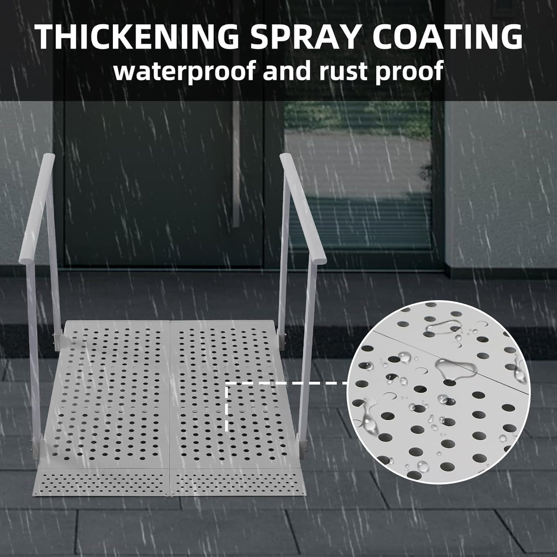 White wheelchair ramp with handrails shown in the rain, with a close-up of water droplets on the perforated deck illustrating the waterproof, rust-resistant coating.