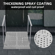White wheelchair ramp with handrails shown in the rain, with a close-up of water droplets on the perforated deck illustrating the waterproof, rust-resistant coating.