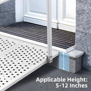 White wheelchair ramp with handrails installed at a home entrance, with a diagram showing the applicable step height range of 5–12 inches.