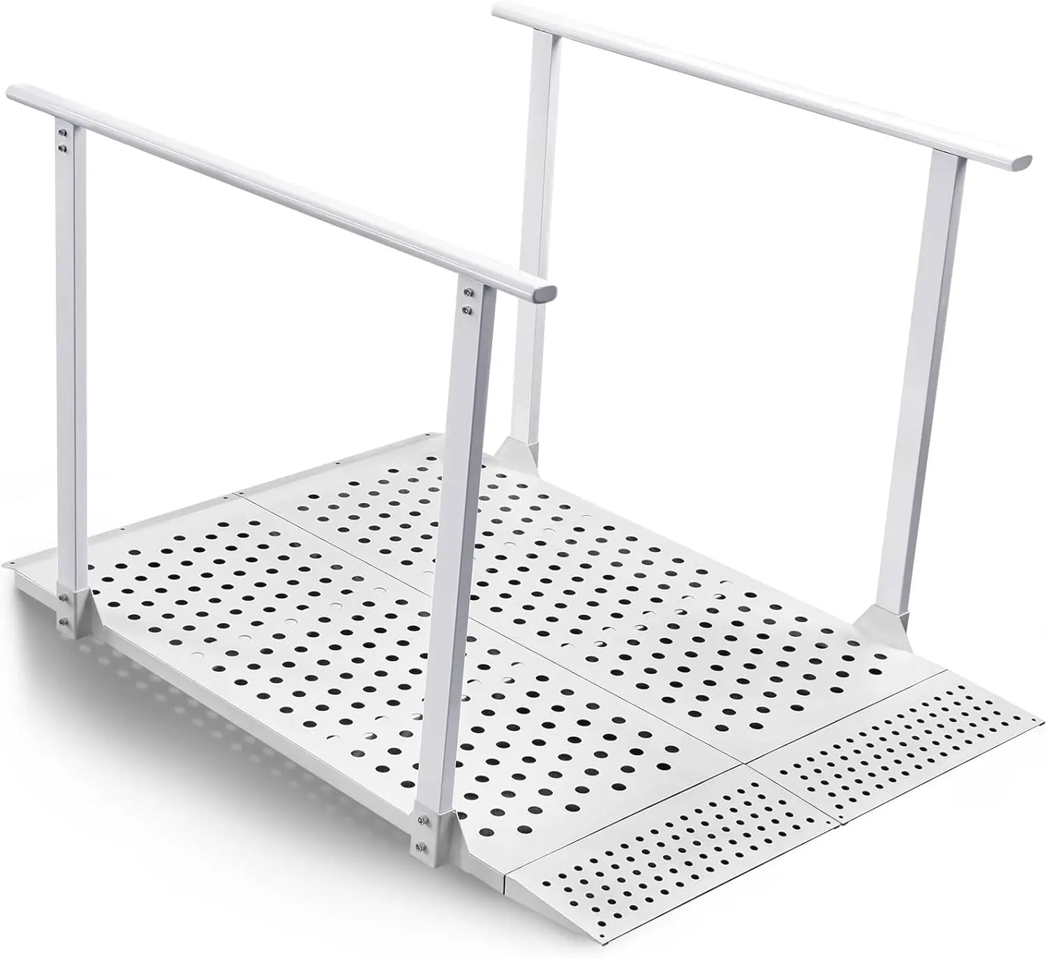 White foldable wheelchair ramp with dual handrails, a perforated steel deck, and a front transition flap on a white background.
