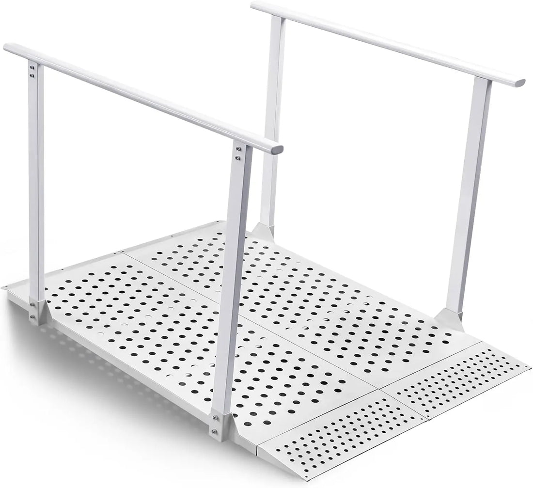 White foldable wheelchair ramp with dual handrails, a perforated steel deck, and a front transition flap on a white background.