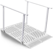 White foldable wheelchair ramp with dual handrails, a perforated steel deck, and a front transition flap on a white background.