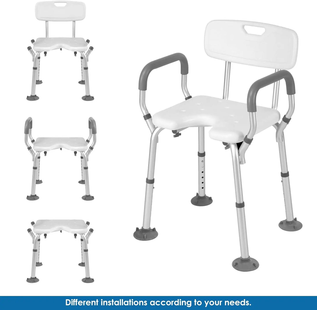Shower chair configuration guide showing three assembly options: with armrests and backrest, with armrests only, and without armrests or backrest.