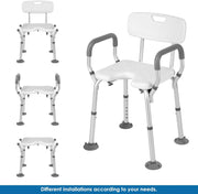 Shower chair configuration guide showing three assembly options: with armrests and backrest, with armrests only, and without armrests or backrest.