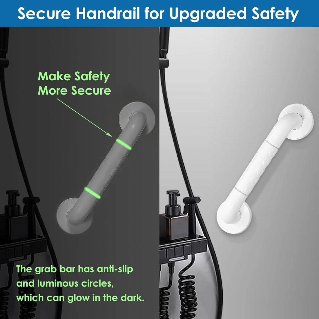 Wall-mounted bathroom grab bar shown in dark and light settings, highlighting the textured grip and green luminous rings that glow in the dark.