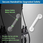 Wall-mounted bathroom grab bar shown in dark and light settings, highlighting the textured grip and green luminous rings that glow in the dark.