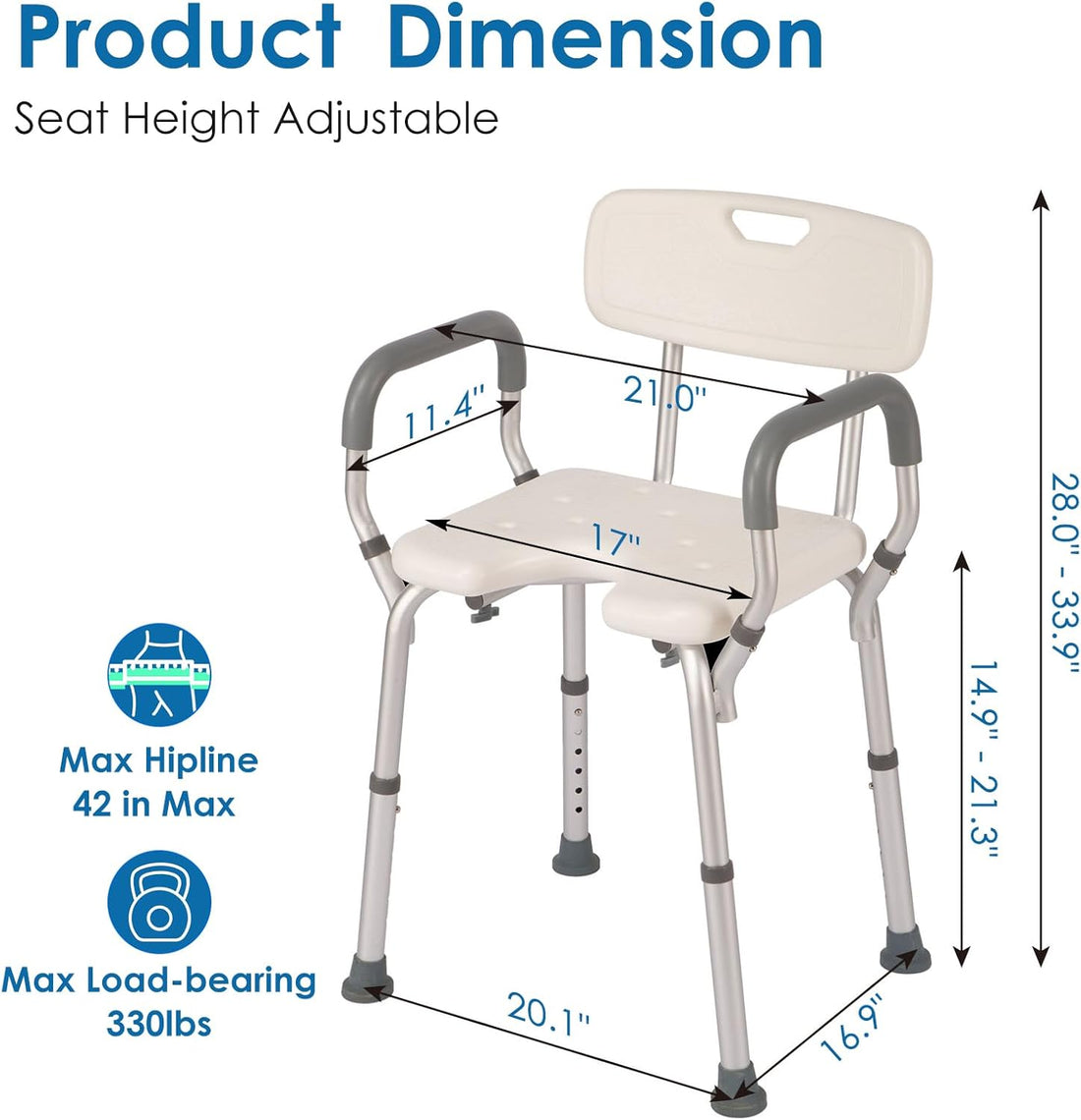 Dimension diagram of the shower chair with arms and back, showing 21-inch armrest spacing, a 17-inch seat width, 14.9–21.3 inch adjustable seat height, and overall frame measurements.