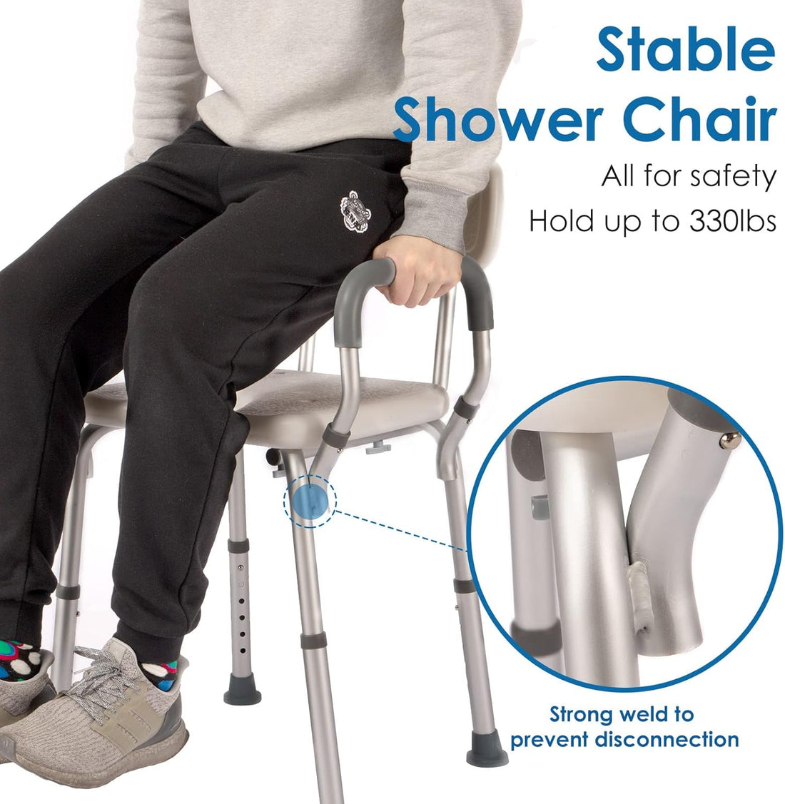 Shower chair stability infographic showing a seated person holding the armrest, a close-up of the welded aluminum frame joint, and a stated 330 lb weight capacity.