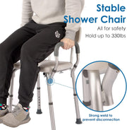 Shower chair stability infographic showing a seated person holding the armrest, a close-up of the welded aluminum frame joint, and a stated 330 lb weight capacity.