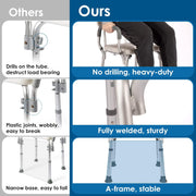 Comparison infographic showing the shower chair's welded aluminum joints and wide A-frame base beside conventional shower chair connections and narrower legs.