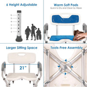 Four-panel shower chair feature graphic showing six height settings, wipe-clean blue pads, 21-inch armrest spacing, and tool-free assembly connectors.
