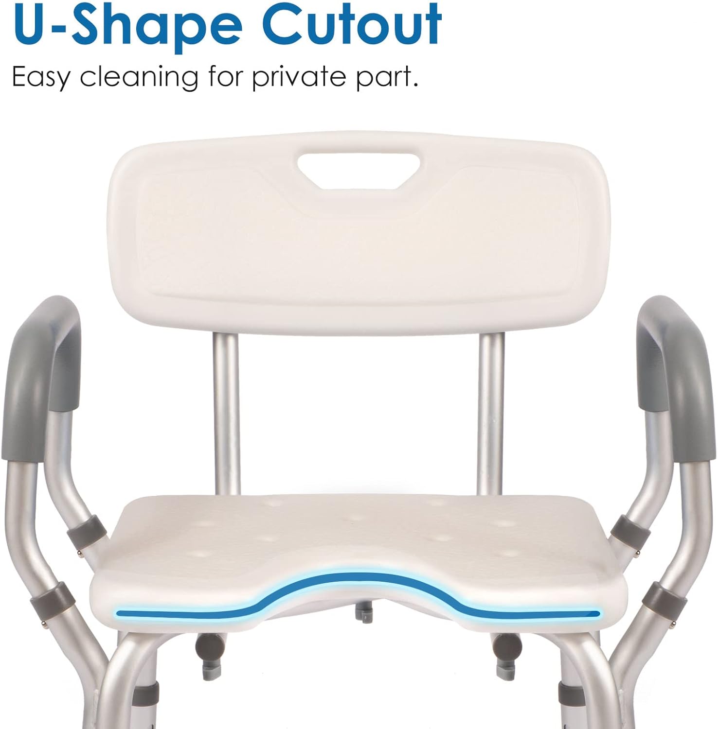 Close-up of the shower chair's U-shaped front seat cutout, showing the contoured opening designed to provide access for personal hygiene.