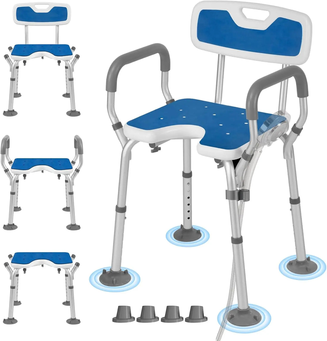 Shower chair configuration guide showing options with arms and backrest, arms only, or neither, alongside close-ups of the non-slip feet and shower head holder.
