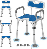 Shower chair configuration guide showing options with arms and backrest, arms only, or neither, alongside close-ups of the non-slip feet and shower head holder.