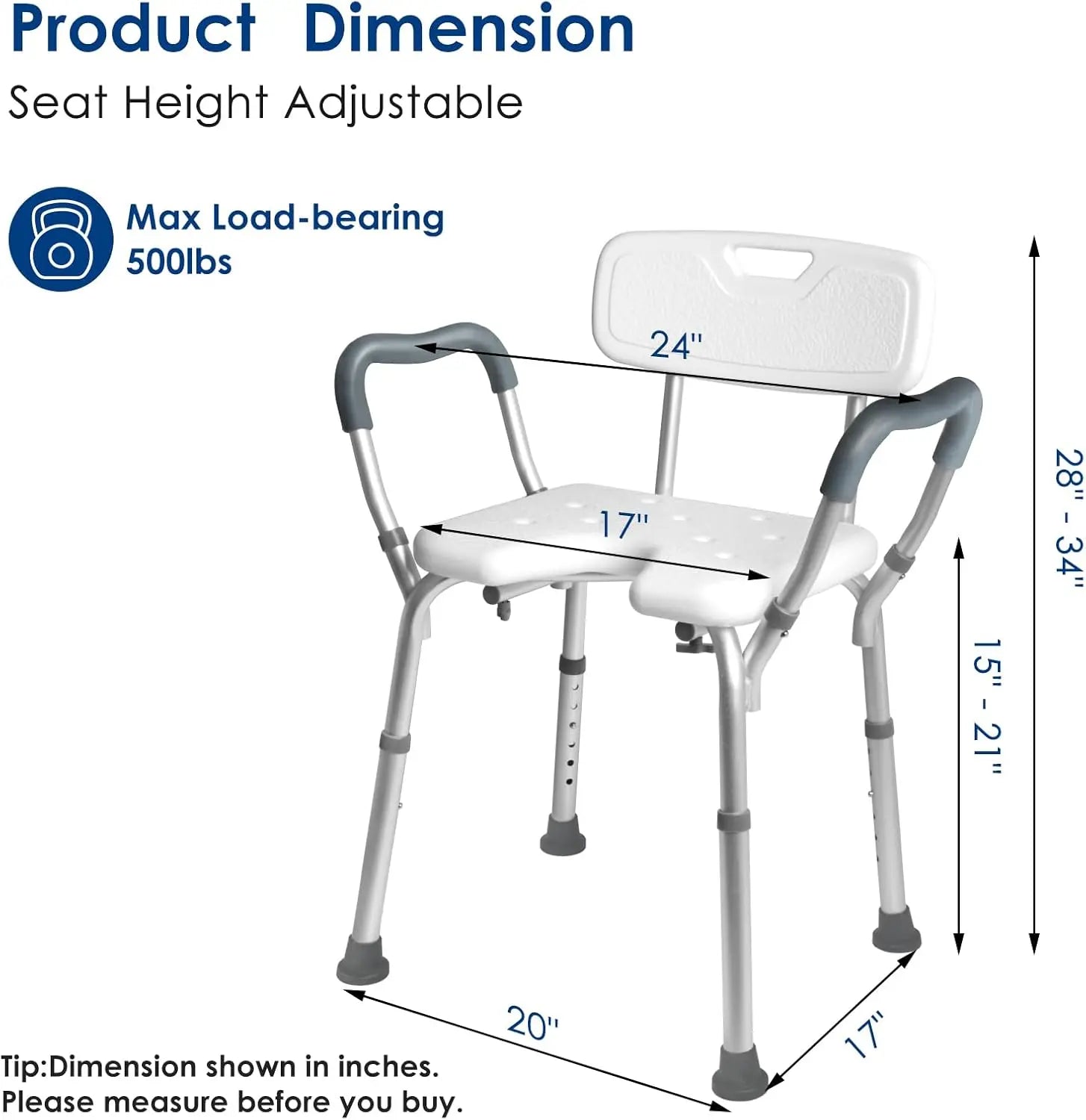 Dimension diagram of the extra-wide shower chair showing 24-inch armrest spacing, a 17-inch seat width, adjustable seat height from 15 to 21 inches, and a stated 500 lb weight capacity.