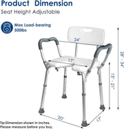 Dimension diagram of the extra-wide shower chair showing 24-inch armrest spacing, a 17-inch seat width, adjustable seat height from 15 to 21 inches, and a stated 500 lb weight capacity.