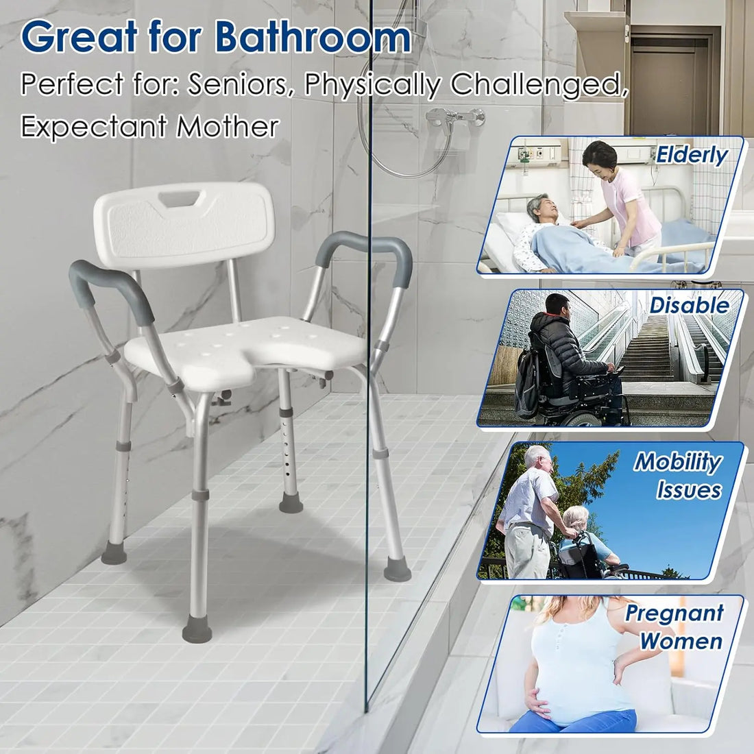 Extra-wide shower chair positioned in a walk-in shower, with inset scenes illustrating use by seniors, wheelchair users, people with mobility limitations, and pregnant women.