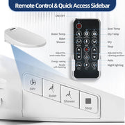 Wireless remote and side control panel guide for the electric bidet toilet seat, showing temperature, wash, drying, water flow, nozzle position, and stop controls.