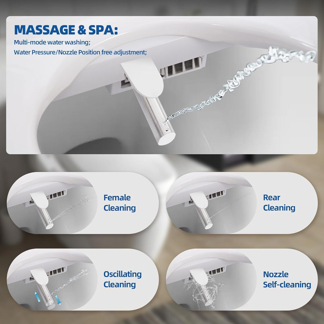Stainless steel bidet nozzle spraying water, with diagrams illustrating feminine wash, rear wash, oscillating cleaning, and nozzle self-cleaning modes.