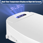 Close-up of the electric bidet toilet seat's digital display showing real-time water and seat temperatures, with the side control buttons visible.